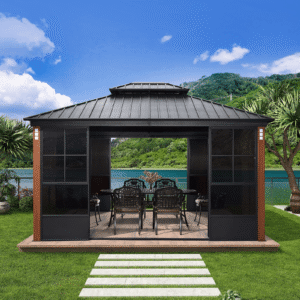Hardtop Gazebo For Patio Screen House Backyard Sunroom With LED Lights Outdoor Aluminum Solarium Canopy 12' x 14'