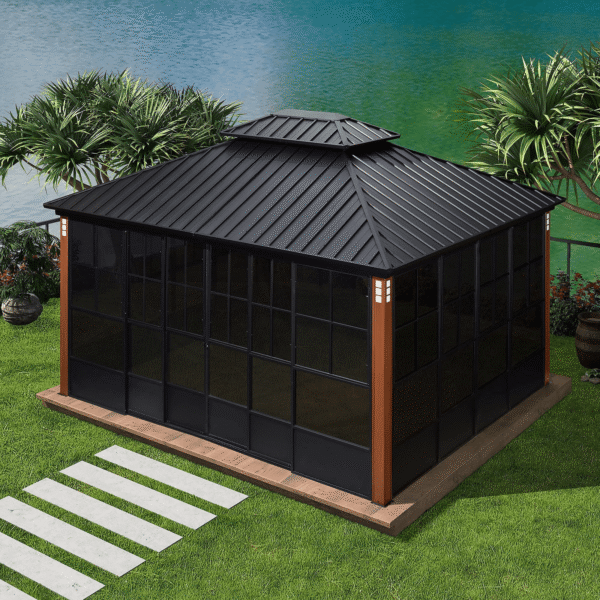 Hardtop Gazebo For Patio Screen House Backyard Sunroom With LED Lights Outdoor Aluminum Solarium Canopy 12' x 14' - Image 2