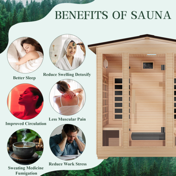 EROMMY Outdoor Sauna 4 Person, Far Infrared Wooden Sauna, Personal Sauna with Bluetooth Speaker and Changeable Chromotherapy Lighting - Image 3