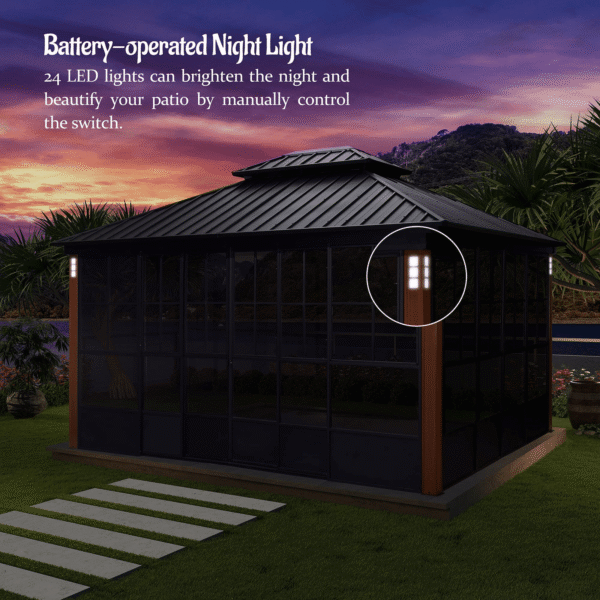 Hardtop Gazebo For Patio Screen House Backyard Sunroom With LED Lights Outdoor Aluminum Solarium Canopy 12' x 14' - Image 3
