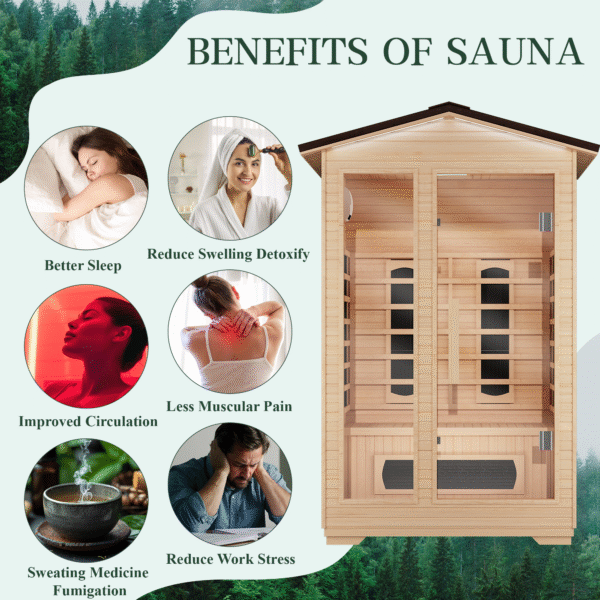 EROMMY Outdoor Sauna 2 Person, Far Infrared Wooden Sauna, Personal Sauna with Bluetooth Speaker and Changeable Chromotherapy Lighting - Image 5