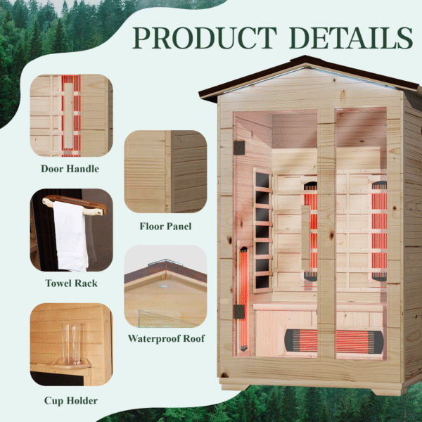 EROMMY Outdoor Sauna 2 Person, Far Infrared Wooden Sauna, Personal Sauna with Bluetooth Speaker and Changeable Chromotherapy Lighting - Image 9