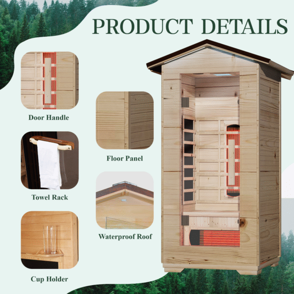 EROMMY Outdoor Sauna 1 Person, Far Infrared Wooden Sauna, Personal Sauna with Bluetooth Speaker and Changeable Chromotherapy Lighting - Image 5