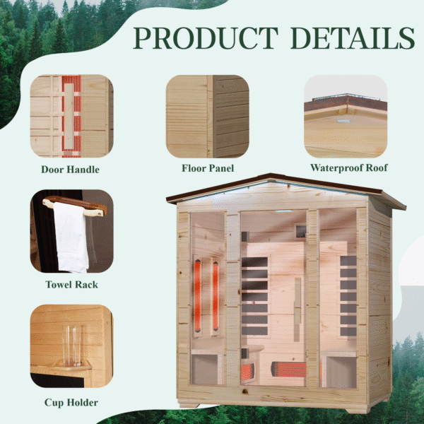 EROMMY Outdoor Sauna 4 Person, Far Infrared Wooden Sauna, Personal Sauna with Bluetooth Speaker and Changeable Chromotherapy Lighting - Image 5