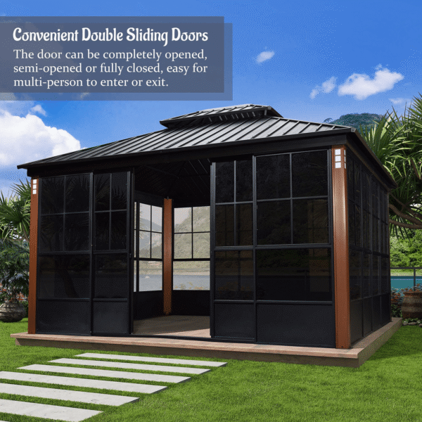 Hardtop Gazebo For Patio Screen House Backyard Sunroom With LED Lights Outdoor Aluminum Solarium Canopy 12' x 14' - Image 4