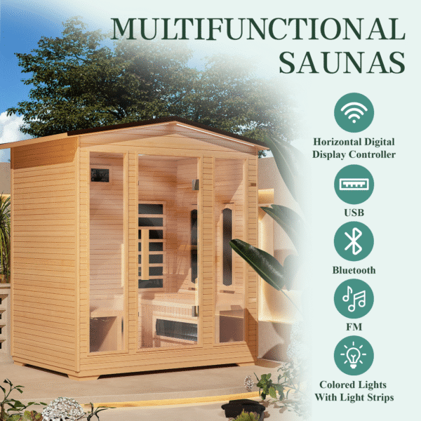 EROMMY Outdoor Sauna 4 Person, Far Infrared Wooden Sauna, Personal Sauna with Bluetooth Speaker and Changeable Chromotherapy Lighting - Image 6