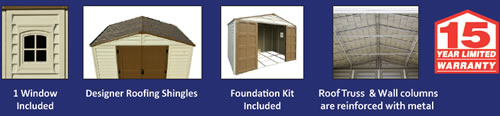 DuraMax 10x8 Woodbridge Plus Vinyl Shed includes floor kit, window and reinforced trusses