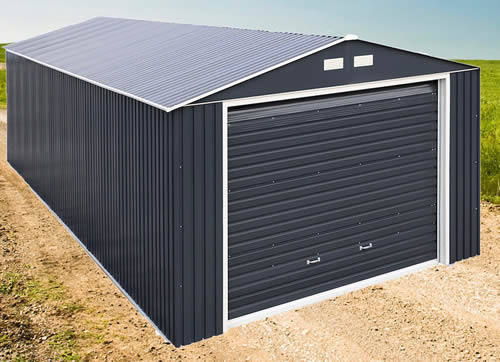DuraMax 12x26 Dark Gray Steel Garage Assembled In Backyard