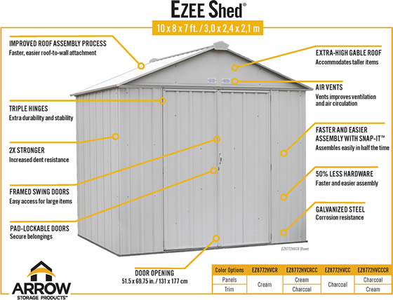 Arrow 10x8 Ezee Shed Cream & Charcoal - Features