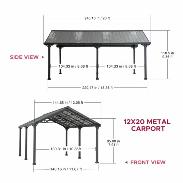 AutoCove 12x20 Gray Steel Frame Gable Roof Metal Carport/Gazebo with 2 Ceiling Hooks - Image 19