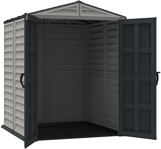 DuraMax 5x5 YardMate Plus Vinyl Shed - doors open, vinyl floor included!